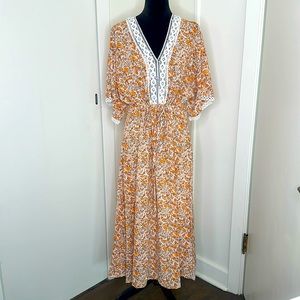 Rusty dusty floral kimono sleeve lace trim bohemian maxi dress size M